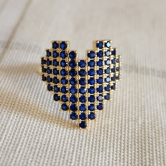 Jewelry - New 18K Gold Plated Blue Sapphire Pixel Heart Adjustable Ring for Women